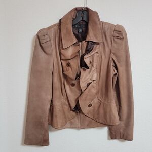 🤍 INC Womens Taupe Leather Removable Ruffle Jacket